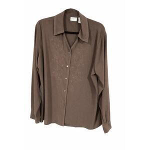 Covington Womens XL 18 Brown Embroidered Floral Blouse Button Up Boho Romantic